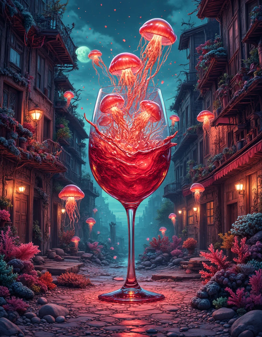 realistic, Out of the wine glass comes a raging ocean, red haze, creating intricate patterns that mark the passing of celestial time, analog style, 8 k, hyper detailed, warm hues, where buildings are encrusted with colorful corals and streets are paved with smooth pebbles. Glowing jellyfish illuminate the labyrinthine alleys, masterful, illustrative character design <lora:CreArt-lora_epoch_5:1>