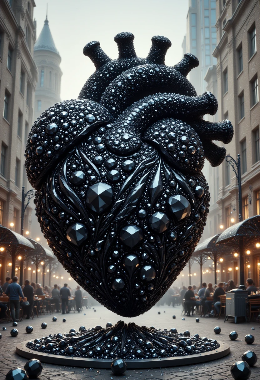 A massive, mechanical heart made out of lblack diamonds that beats in time with the pulse of a city, with gears and cogs visible beneath its metallic surface as it pumps life-giving energy through the streets