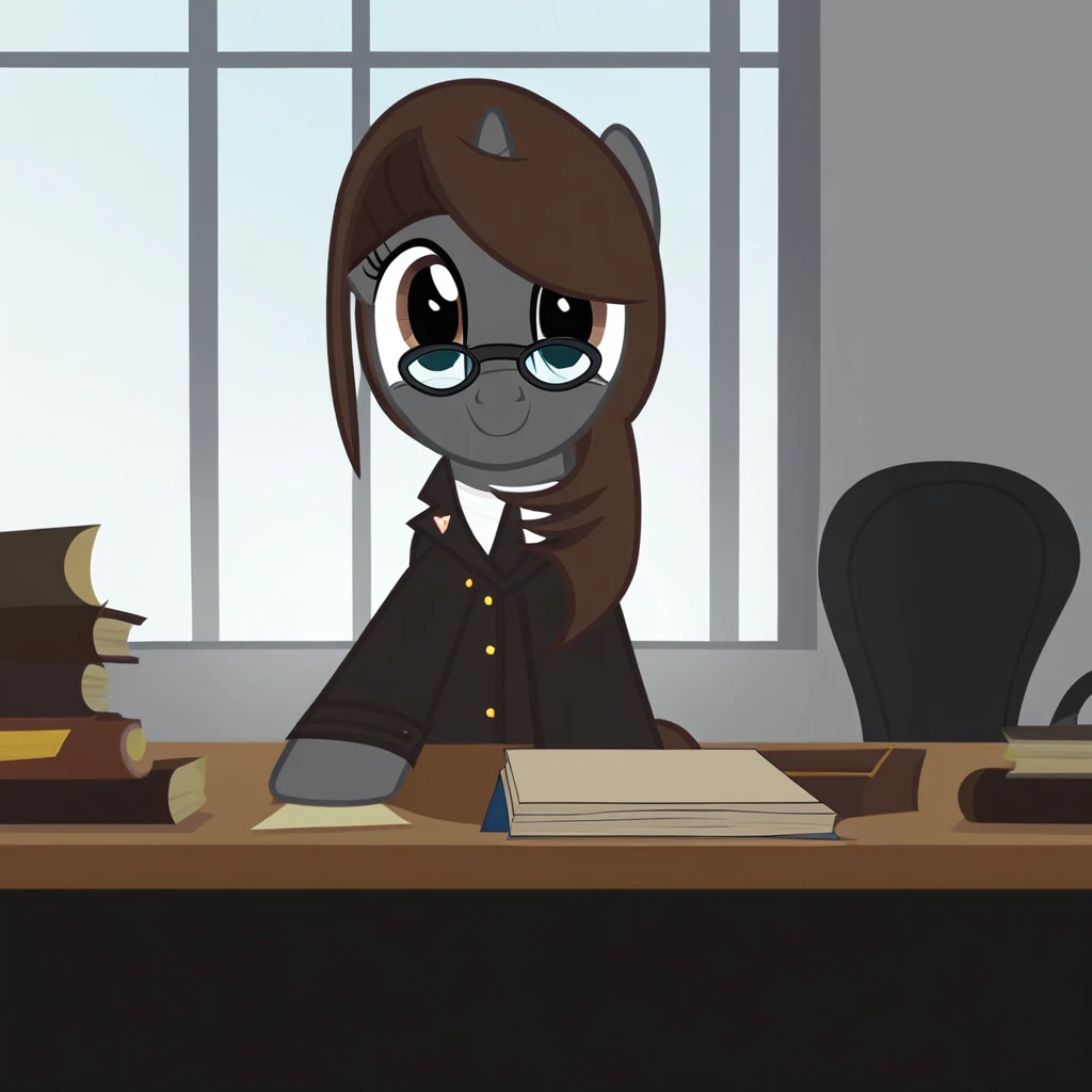 masterpiece, best quality, perfect detail, score_9, score_8_up, score_7_up, rating_safe, 1girl, oc:sonata, pony, G4, female, show accurate, office, sitting, sitting at desk, sitting in office chair, books, attorney suit, badge on collar, 1/4 view, glasses, looking at you, smiling, window, sunlight, beautiful