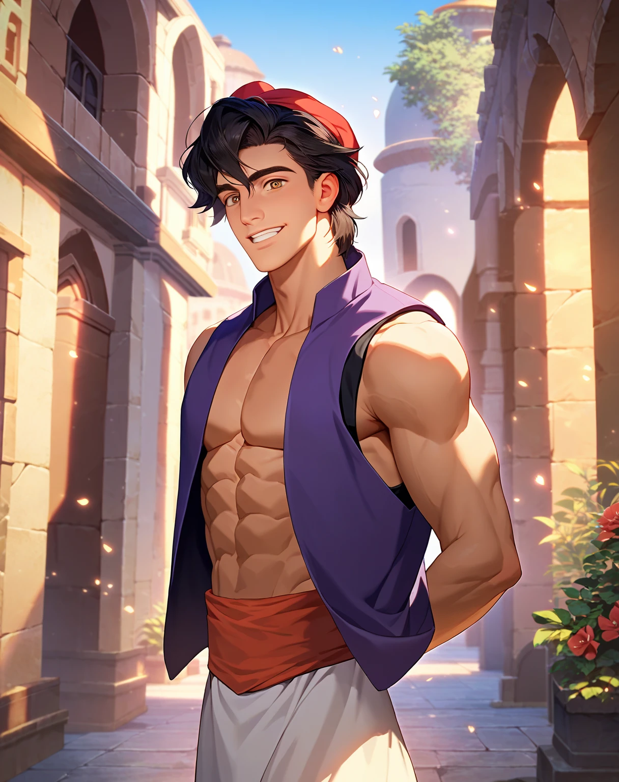 score_9, score_8_up, score_7_up, score_6_up, aladdin, street, violet vest, hat, standing, looking at you, smile, daylight, best quality, best aesthetic, sfw, year 2023, high details, realistic<lora:EMS-461843-EMS:0.700000>