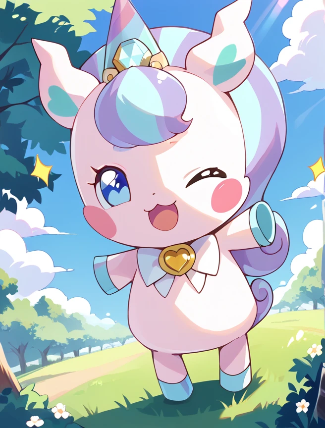 score_10, score_9_up, score_8_up, Niko, solo, looking at viewer, blue eyes, open mouth, outdoors, one eye closed, horns, day, tree, no humans, :3, blush stickers, >_o, dynamic pose, smile