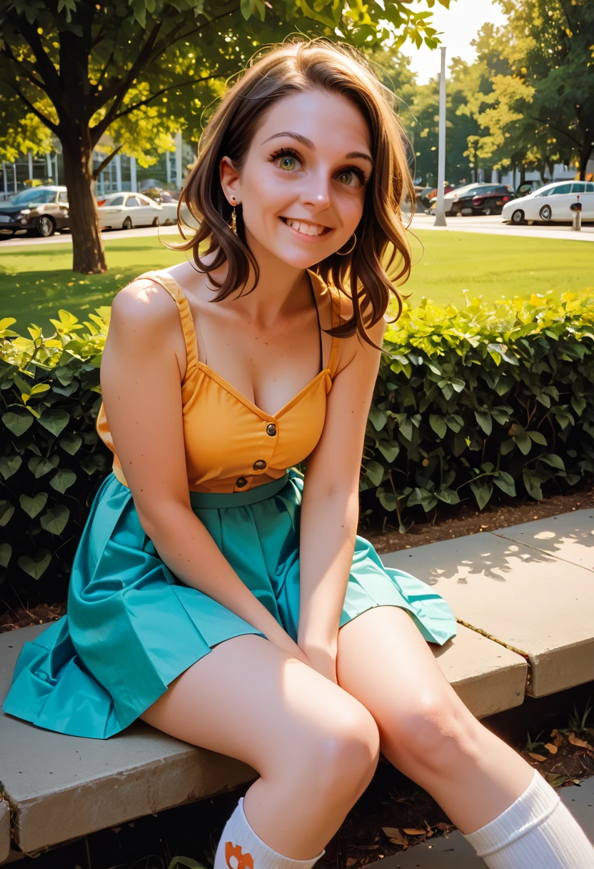 Voluptuous teen sitting, wearing a short pulled up skirt. Legs are spread wide.