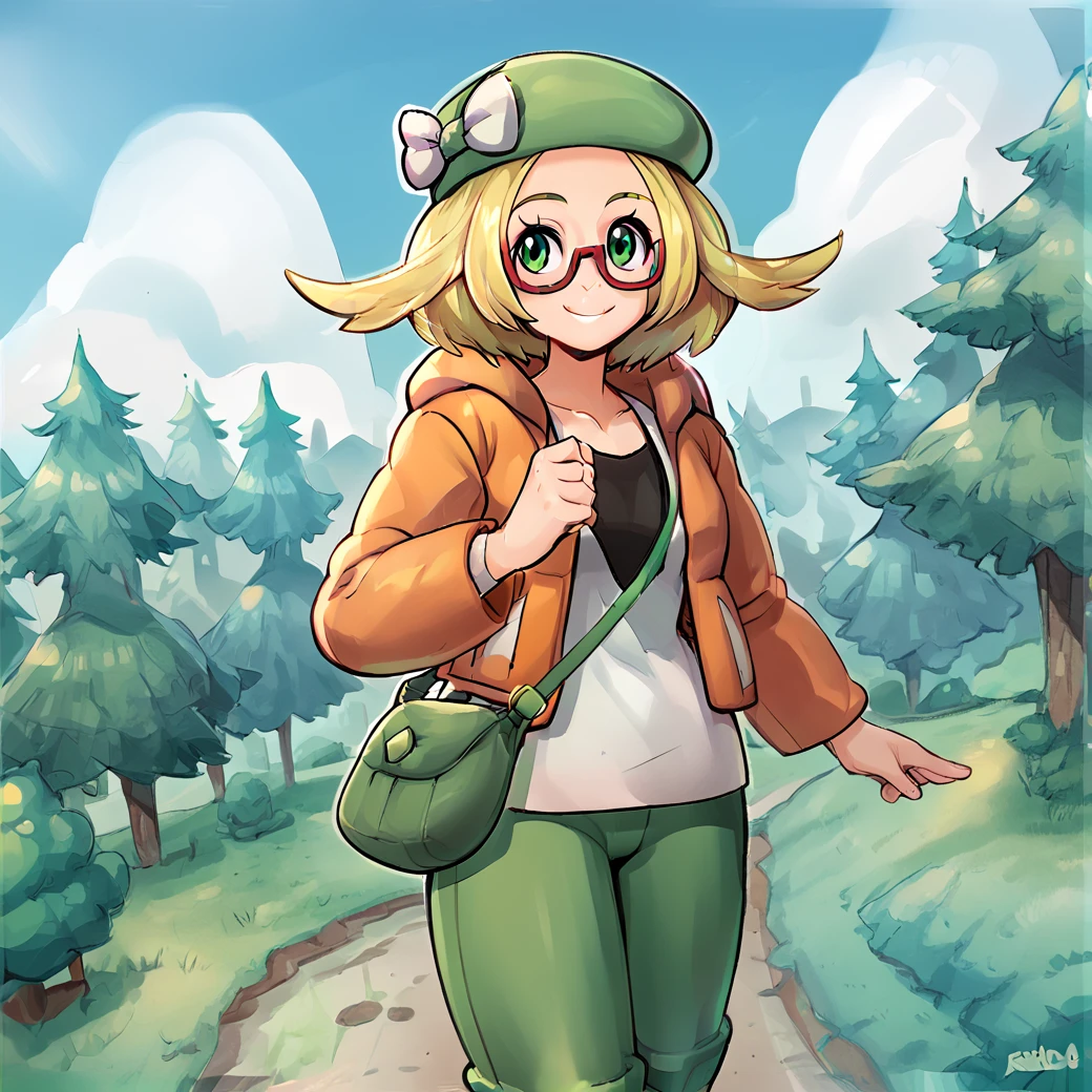 score_9, score_8_up, score_7_up, score_6_up, score_5_up, score_4_up,  <lora:Bianca_Pokemon_BW2:1>, biancabw2, 1girl, solo, blonde hair, glasses, green eyes, semi rim glasses,  green pants, beret, hat bow, white bow, smile, outdoors, trees, clouds, smile, happy expression, orange jacket, white shirt, shoulder bag,  <lora:Reinaldo_Quintero_Reiq_Artist_Style_PonyXL:0.8>, red rimmed glasses,