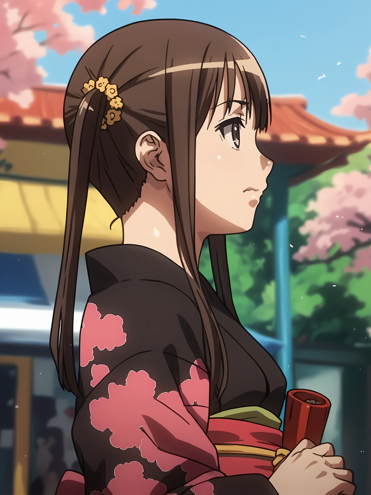 <lora:happy_tentacle-mio-v0.4-000025:0.8>, ht_mio, yukata, black kimono, japanese clothes, summer festival , 1girl, solo, upper body , , emotionless , (wavy mouth:0.8) , looking down , from side , score_9, score_8_up, score_7_up, score_6_up, score_5_up, score_4_up