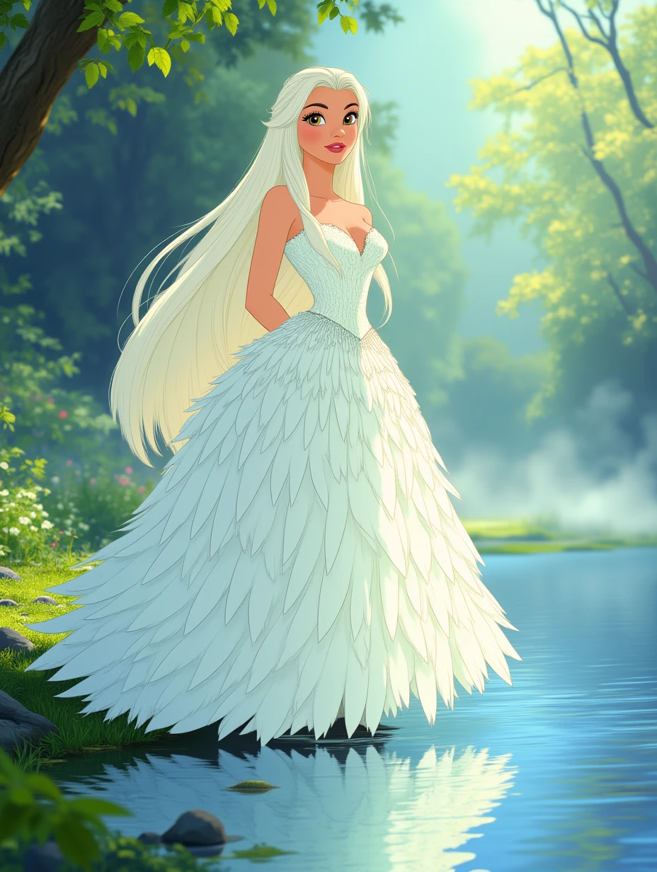 A graceful swan-woman with long, flowing white hair, dressed in a gown of shimmering feathers, standing by the edge of a crystal-clear lake, her reflection perfect on the water’s surface, with a mist rising from the lake and the soft light of dawn illuminating the scene