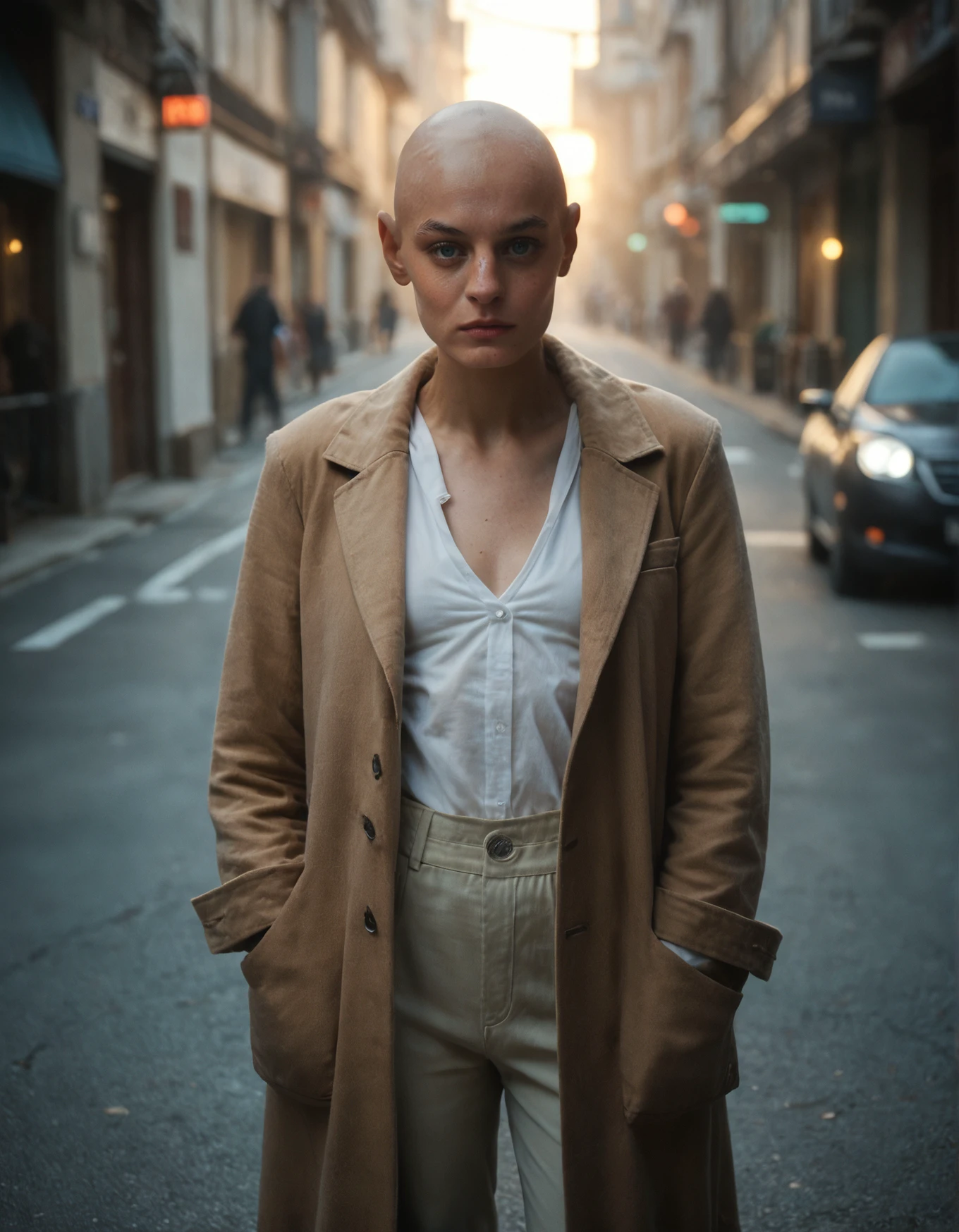 score_9, score_8_up, score_7_up,score_6_up,high resolution,photo,realistic,emcr,1girl,bald head,brown coat,full body,standing,pants,shirt,front view,street,pov,looking at viewer,volumetric lighting,rim lighting,dof,dramatic shadow