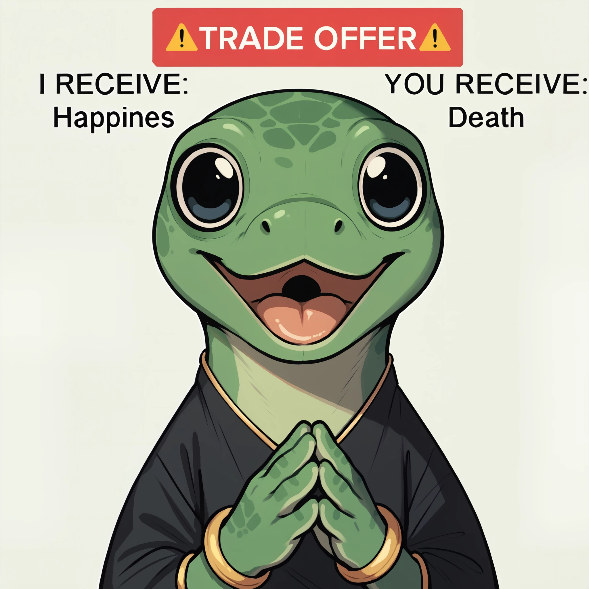 score_9, score_8_up, score_7_up, source_furry, solo, <lora:prikkiki-ti:0.6>, prikkikiti, green skin, nostrils, lizard tail, black kimono, loose clothes, reptile, bracelet, open mouth, big eyes, <lora:TradeOfferMeme_XLPD:1>, TradeOfferMeme, own hands together, upper body, english text