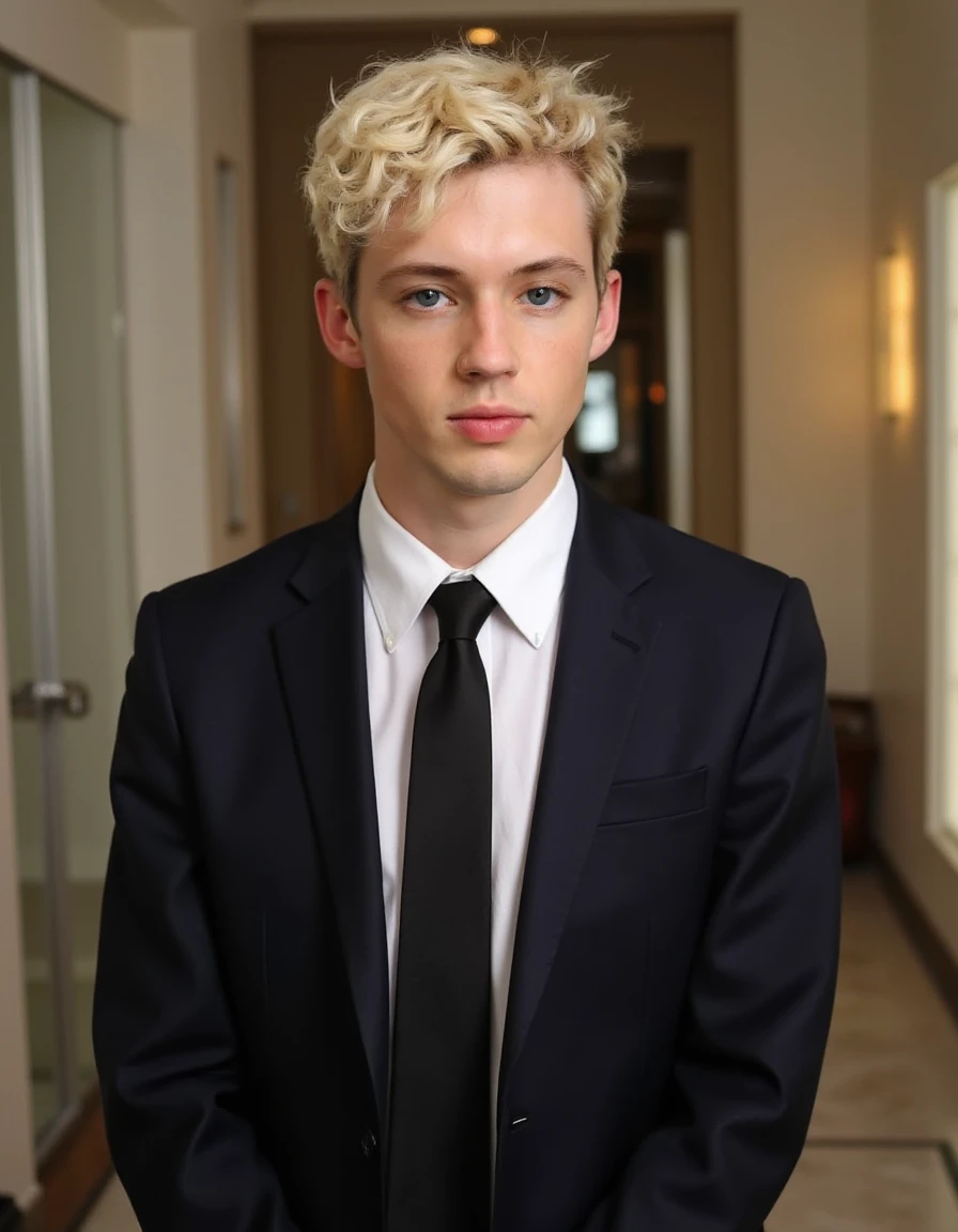 <lora:troye:1> Troye Sivan blond in a suit