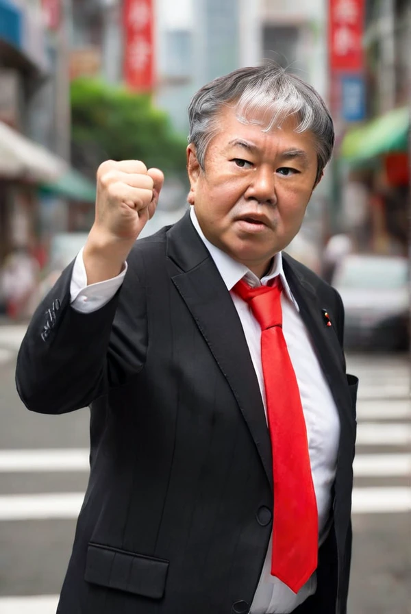 <lyco:Kazuhiro_Haraguchi:1.0>, highly detailed professional 8k raw photography, best hyperrealistic quality backgrounds, volumetric real-time lighting and shadows, middle-aged,  old man, asian, gray hair, wearing  black suit and red neckerchief, white shirts under the black suit, Asian, (Kazuhiro Haraguchi) standing and fighting with own fist, close up, city backgrounds