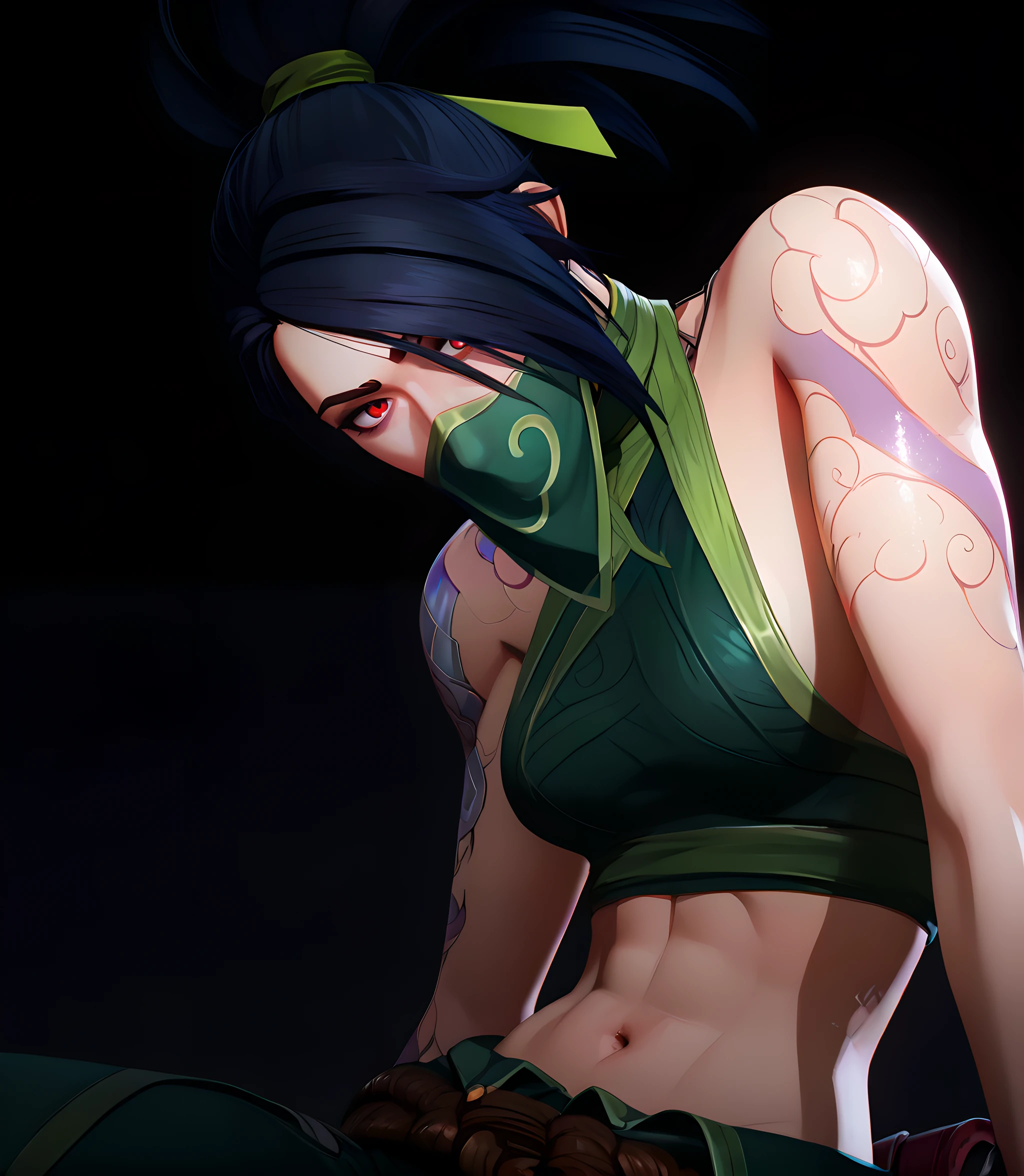 4kali, akali, 1girl, long hair, black hair, ponytail, red eyes, ribbon, hair ribbon, green ribbon, mask, mouth mask, ninja mask, tattoo, arm tattoo, shoulder tattoo, bare shoulders, crop top, midriff, navel, sleeveless, green shirt, rope, pants, green pants, score_9, score_8, score_7, source_anime, zPDXL, <lora:arcan3styl3v1PonySDXL:0.35>, arcan3styl3v1, <lora:4rc4n3XLP:0.51>, 4rc4n3, dynamic angle, ( sitting), black background, <lora:Akali_Default_Pony_v1:0.85>, dramatic light