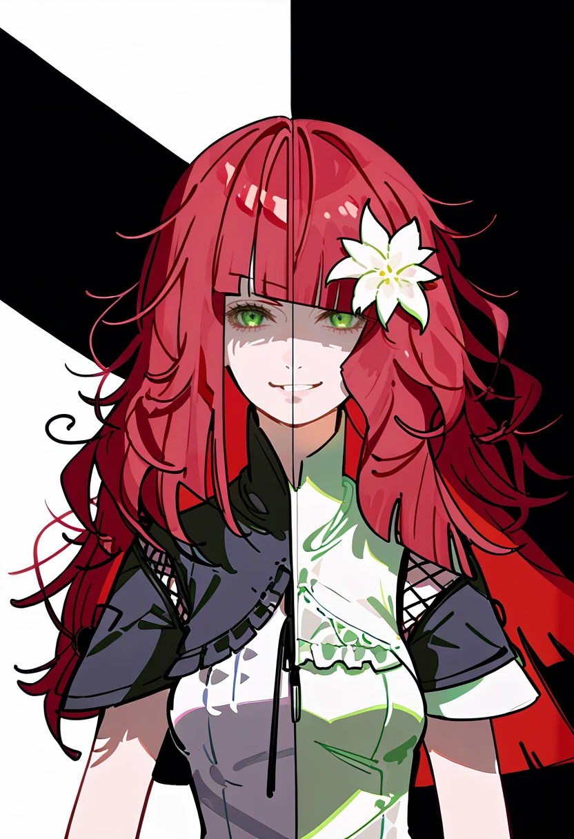 <lora:d&p:1.1>,score_9,score_8_up,source_anime,<lora:Splitscreen_XLPD:1.1>,upper body,split screen,splitscreen,
popola,hime cut,long hair,red hair,green eyes,hair flower,white flower,black capelet,fishnet cutout,short sleeves,grey dress,looking at viewer,smile,black background, shaded face, 
devola,(messy hair:1.2),red hair,green eyes,hair flower,white flower,black capelet,fishnet cutout,short sleeves,grey dress,looking at viewer,smile,white background,