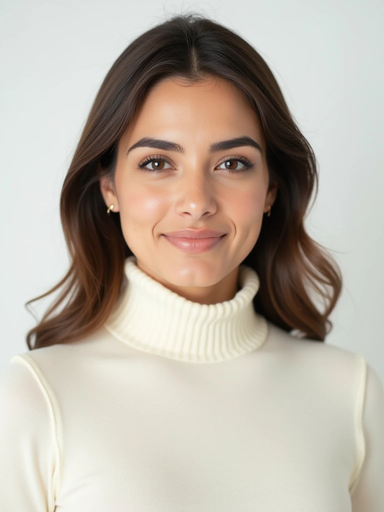 close_up portrait photo of 25 year old beautiful desilatte woman, (plain white background: 1.6), Ivory turtleneck sweater, fashion photography, dynamic pose, facing viewer, <lora:DesiLatte_flux_lora_v1.2:1>