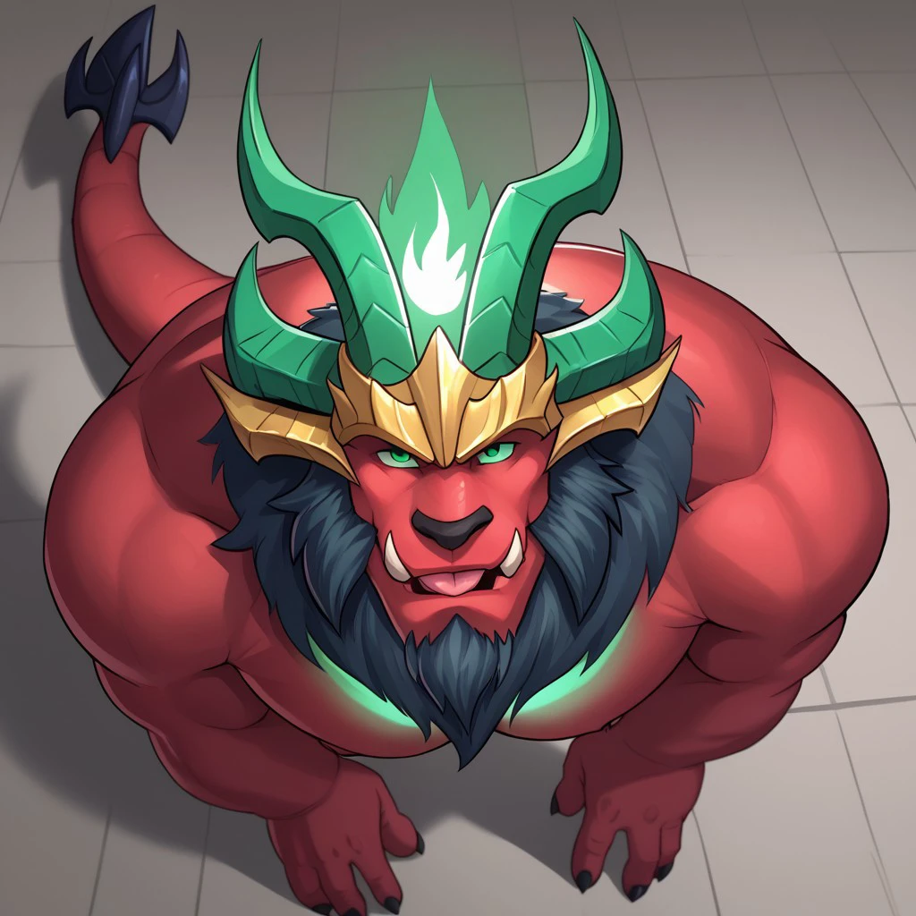 zPDXL3,score_7_up, score_8_up, closeup, portrait, solo male, high angle, from above, 
BREAK,
ggalio,  male focus, red skin, glowing green flame, horns, green eyes, looking up at viewer, partially nude, plump pecs, beard, smirk, tongue out, tail,