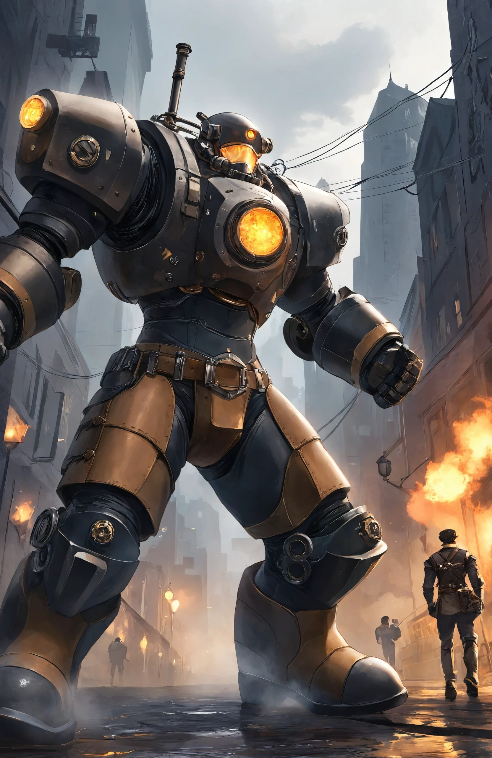 "Action-packed steampunk anime art style, featuring an adventurer clad in a mechanical exosuit powered by steam and gears. The exosuit is a blend of copper, leather, and iron, with glowing gauges and steam valves hissing as the character prepares for battle. The background shows a foggy, industrial city with towering factories and narrow alleys, capturing the gritty essence of a steampunk world."