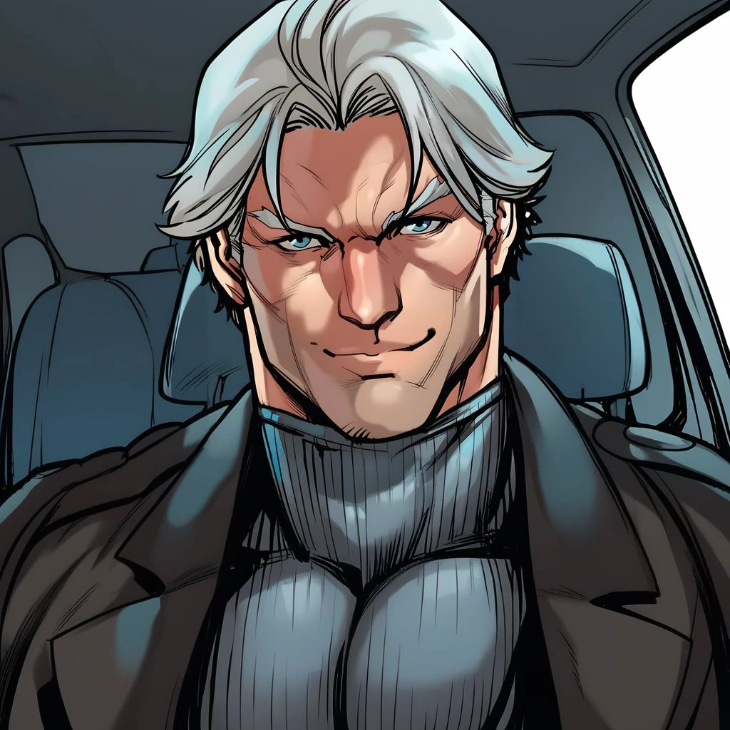 score_9, magneto, muscular male, white hair, blue eyes, sitting inside of a car, black suit, looking at the viewer, smiling,  <lora:magneto:1>