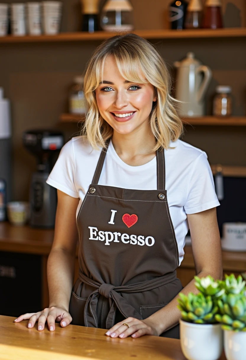 Capture a realistic photograph of blonde Sabrina Carpenter sabcarp, working behind the counter in a cozy, boutique coffee shop. She is dressed casually yet stylishly, wearing a white short-sleeved t-shirt that fits comfortably but neatly, paired with a classic barista apron tied around her waist. The apron is a neutral tone, like dark brown or black, with pockets and subtle details that reflect the artisanal vibe of the coffee shop. The apron has the text "I <3 Espresso" where the "<3" is replaced with a red heart, written on it. The setting is warm and inviting, with the background featuring rustic wooden shelves lined with various coffee beans, cups, and brewing equipment. The counter is made of polished wood, and in the foreground, there are small plants or succulents that add a touch of greenery to the scene. The lighting is soft and natural, perhaps coming from large windows that let in plenty of daylight, casting a warm, golden hue over the entire space. with a focused yet friendly expression on her face. Her hair is styled naturally, perhaps in loose waves with fringe, and she looks relaxed and content in this environment. The overall atmosphere of the photo should convey the charm and personal touch of a boutique coffee shop, with Sabrina's presence adding a warm, approachable, and down-to-earth vibe to the scene. This image should feel authentic and relatable, capturing the essence of a calm, enjoyable moment in a small, independent coffee shop