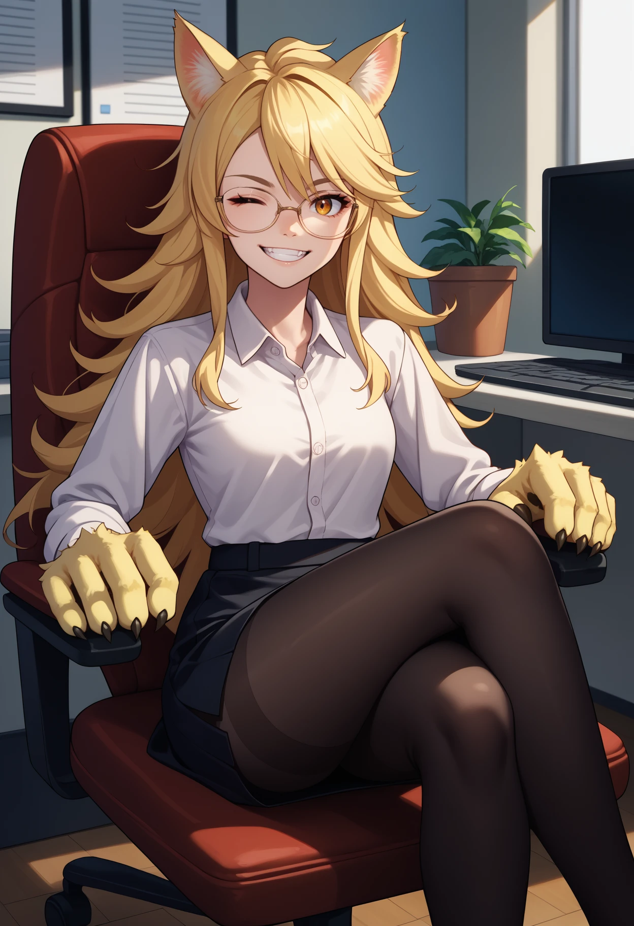 score_9, score_8_up, score_7_up, source_anime, solo, 1girl, agkleone, animal hands, claws, grin, looking at you, sitting, crossed legs, swivel chair, long hair, animal ears, glasses, one eye closed, white shirt, collared shirt, long sleeves, black skirt, pencil skirt, black pantyhose, indoors, office
<segment:yolo-face_yolov8m.pt,0.35,0.5//cid=1>