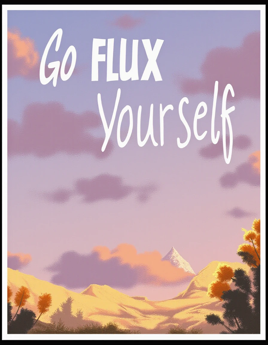 foreground text that says "Go FLUX Yourself" as a stylised poster, In the background add, {
"prompt": "Create an image of a masterpiece that is the highest quality, rendered in the very finest details."
}