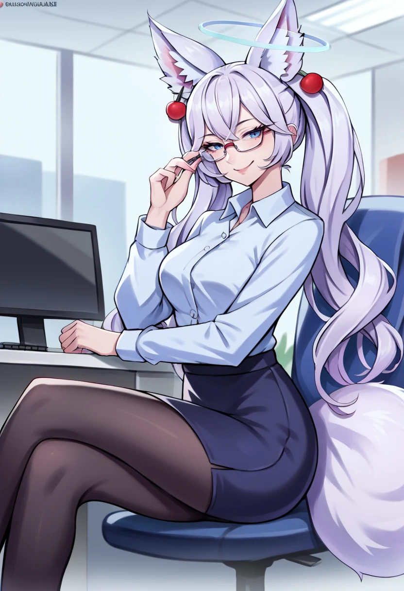 score_9, score_8_up, source_anime, 1girl, solo, KirscheVerstahl, animal ears, long hair, twintails, hair ornament, halo, tail, office lady, black pantyhose, sitting, office, crossed legs, seductive smile, shirt, pencil skirt, computer, glasses, hand on eyewear, <lora:ChamKirscheVerstahlPonyXL:1>