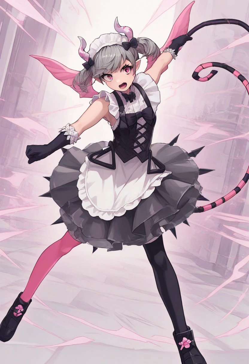 score_9,2d,source_anime,masterpiece, ygoariane, 1girl, pink eyes, pink wings, pink tail, pink horns, black/pink thighhighs, twintails, gloves, maid, dynamic pose, dutch angle