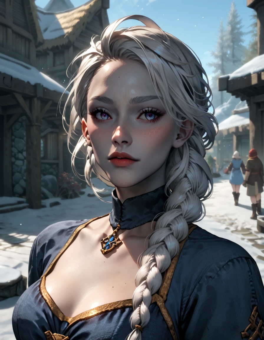 score_9, score_8_up, score_7_up, score_6_up, score_5_up, score_4_up,  upper body, aranea, dunmer, gray skin, white hair, braid, blue dress, snow