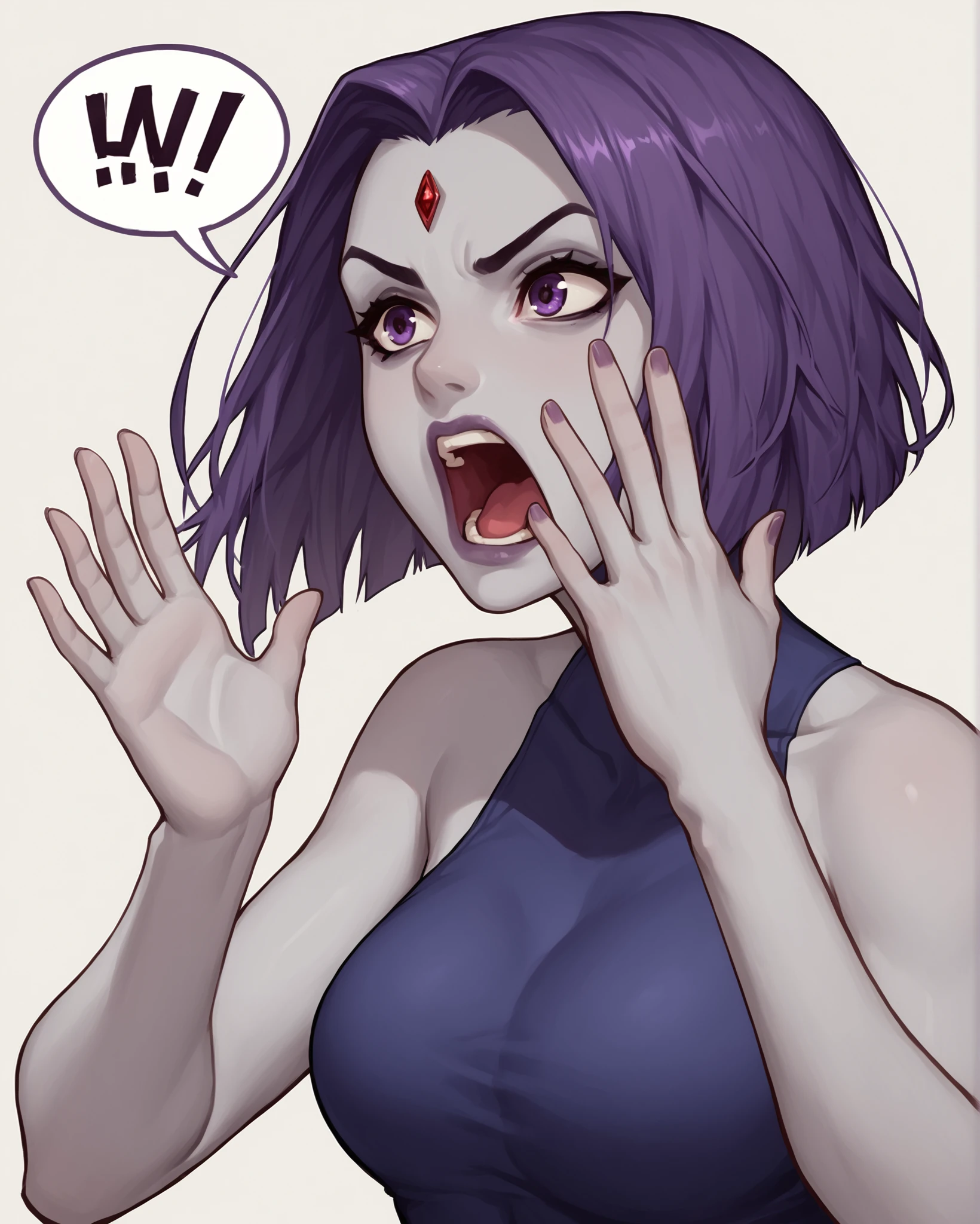 score_9, score_8_up, score_7_up, source_cartoon BREAK 1girl, solo, raven (dc), short hair, purple hair, purple eyes, forehead jewel, shouting, two hands up, speech bubble, leotard, bare shoulders, grey skin, <lora:Hand_up_calling_outshouting:1>, rating_questionable