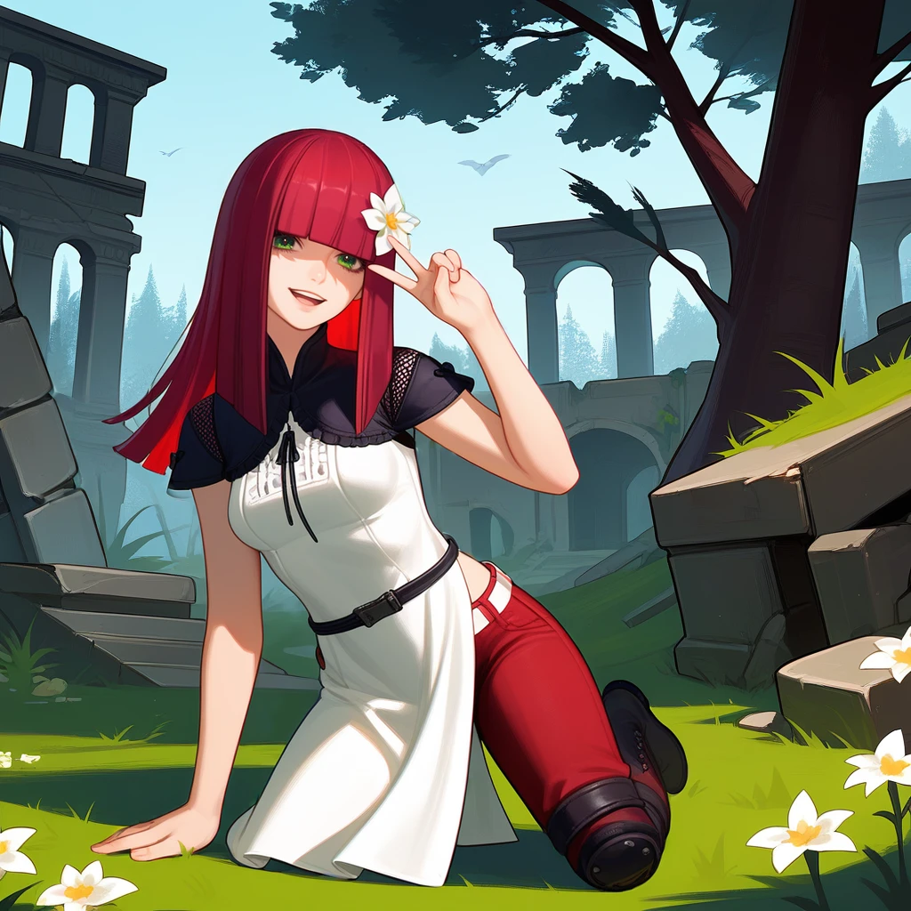 <lora:d&p:1>,1girl,solo,"popola,hime cut",red hair,green eyes,hair flower,white flower,black capelet,fishnet cutout,short sleeves,grey dress,red pants,white belt,black belt,scrunchie,knee pads,lace-up boots,
outdoors, on grass, forest, ruins, day, 
cowboy shot,kneeling,hand up,v,hand on own leg,looking at viewer,happy,open mouth,closed mouth,head tilt,smile,, score_9, score_8_up, score_7_up, perfect anatomy, source_anime, zPDXL2,