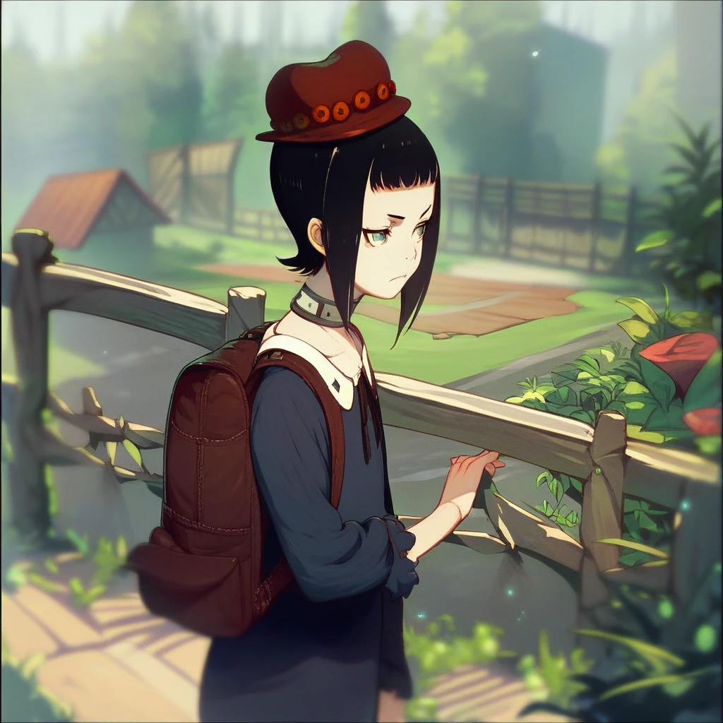 score_9, score_8_up, score_7_up, rita, shingeki no bahamut genesis, 1girl, solo, hat, short hair, bag, backpack, green eyes, black hair, randoseru, fence, black border, blurry, plant, border, choker, outdoors