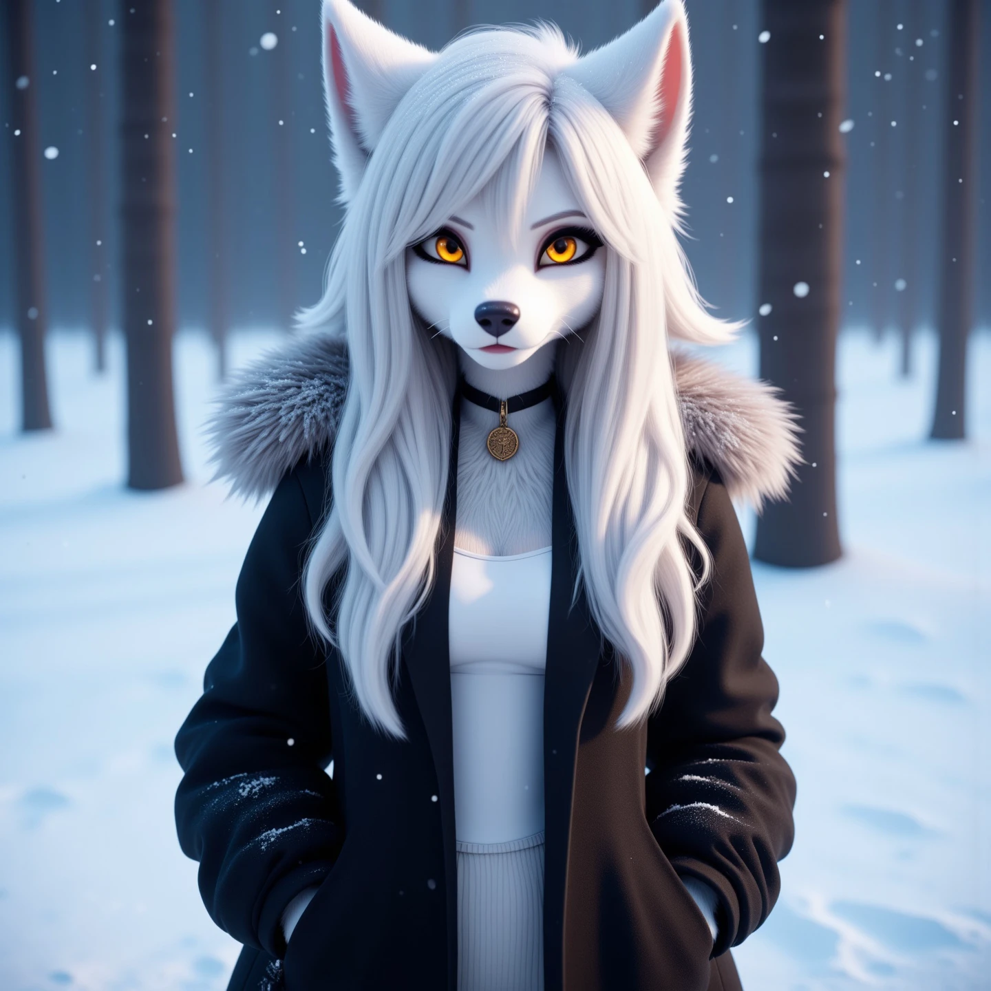 by bing3d, mature female anthro wolf, long hair, white hair, wolf, fluffy coat, fur trim, black coat, snow, snowing, anthro, yellow eyes, hands in pockets, white fur, white body, detailed fur, detailed hair, backlighting, solo, cinematic production render, white undershirt, cleavage <lora:bing3d_flux:1>