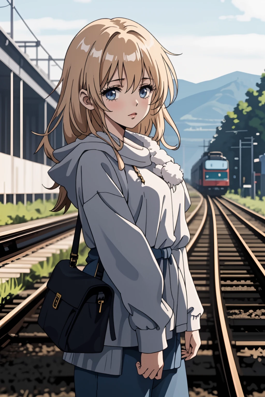 1girl, railroad, landscape