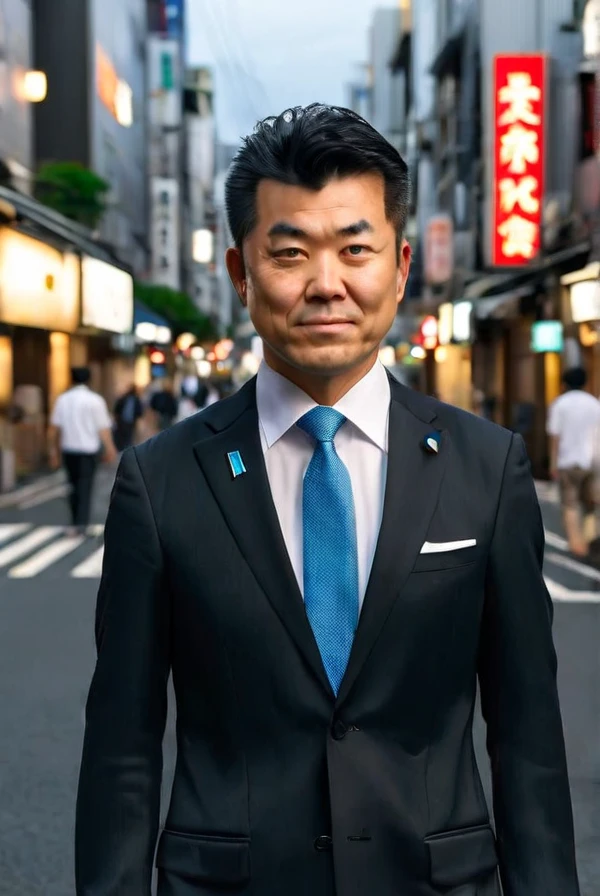 <lyco:Izumi_Kenta:1.0>, highly detailed professional 8k raw photography, best hyperrealistic quality backgrounds, volumetric real-time lighting and shadows, middle aged man, asian, black hair, wearing  black suit and blue tie, white shirts under the black suit, Asian, (Izumi Kenta), standing, tokyo city streets background