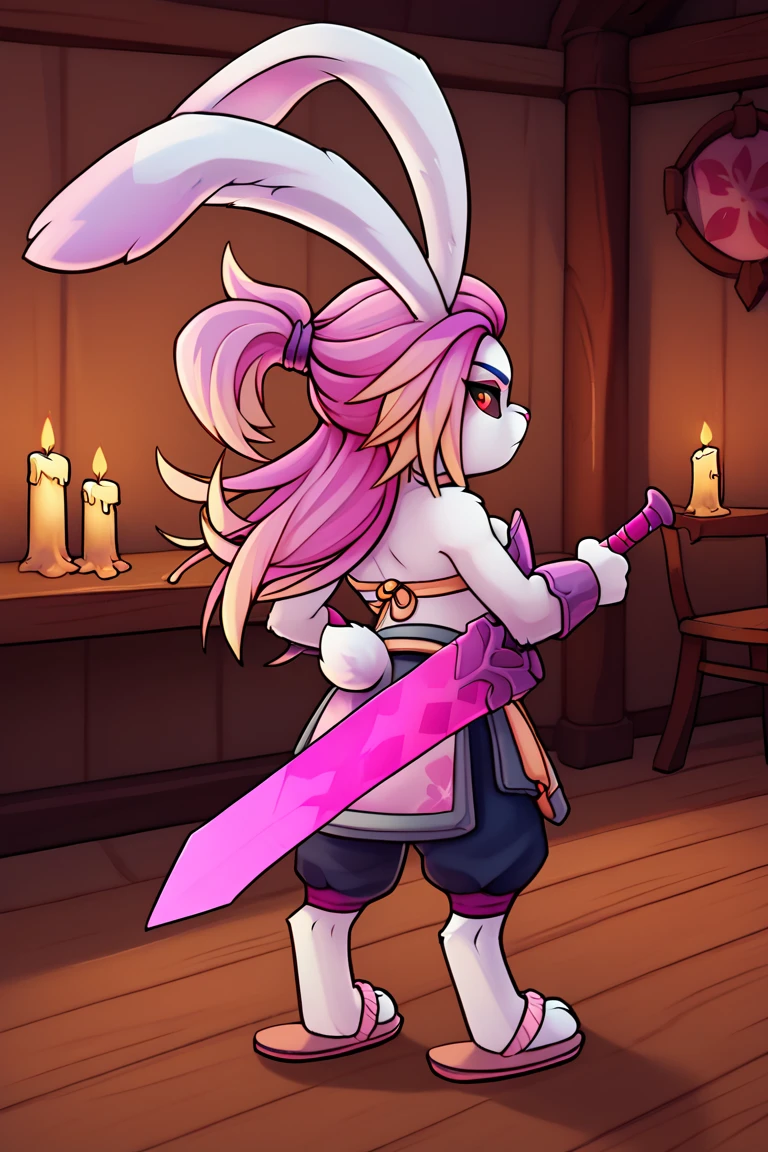 score_9, score_8_up, score_7_up, gunfiretao, bottomwear, bracelet, bracers, breastplate, cleavage, dipstick hair, floppy ears, footwear, lagomorph, leporid, long ears, long hair, mammal, midriff, navel, pants, pauldron, pink hair, pink nose, red eyes, sandals, white body, 1girl, solo, animal ears, furry female, rabbit girl, rabbit ears, furry, tail, red eyes, rabbit tail, pink hair, long hair, holding, weapon, colored sclera, indoors, candle, from behind, sword, looking back, animal nose, holding weapon, black sclera, looking at viewer, japanese clothes, white fur, two-tone fur, multicolored hair