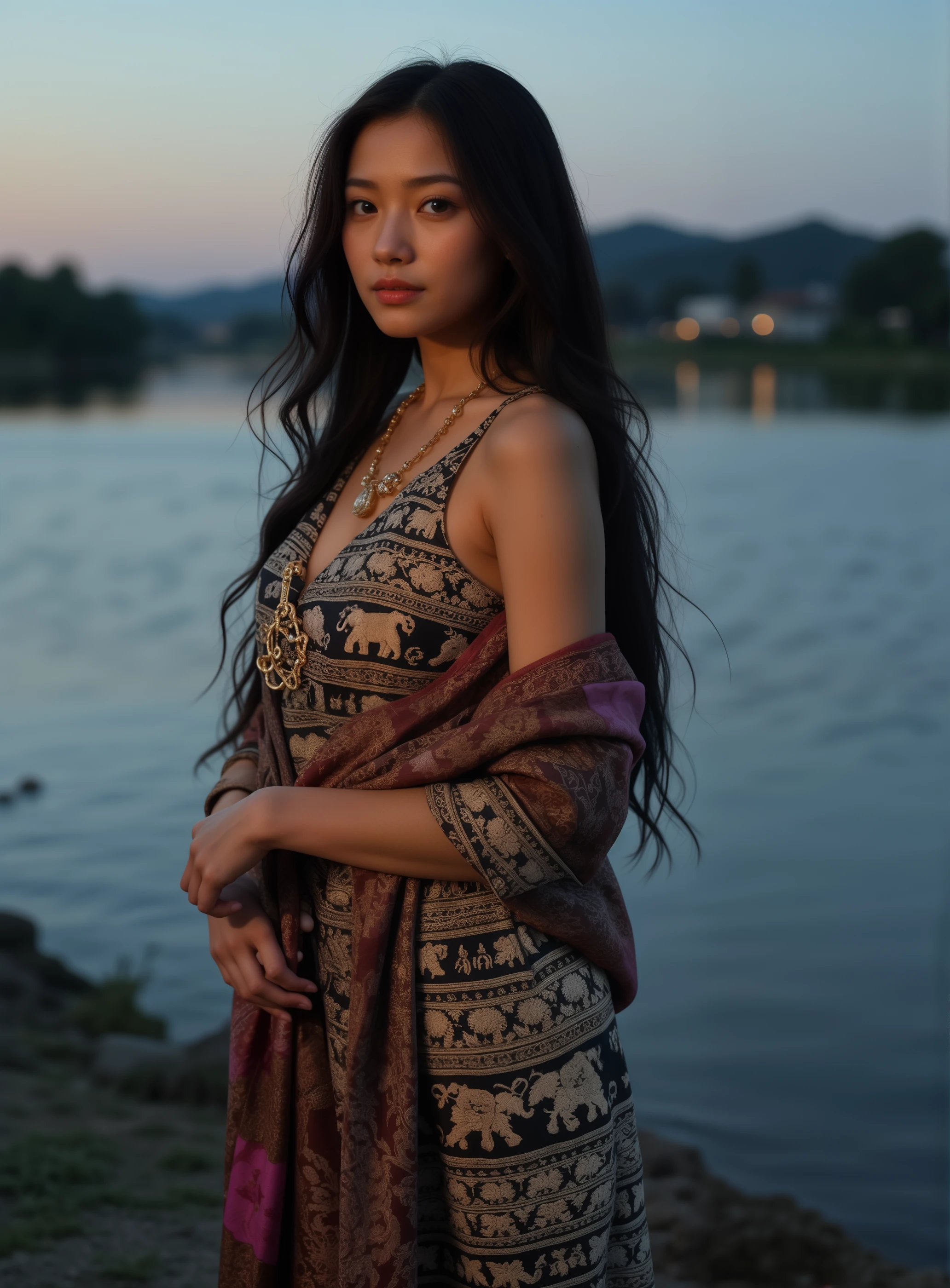 changpant, elephant-patterned pantsChangpant,Changpant, elephant-patterned pants, and a traditional Thai dress with a royal silk shawl. A woman with long black hair poses elegantly by a river during twilight. The soft, dim light accentuates the luxurious textures of her dress and pants, while the camera captures her from a side angle, with the serene river landscape in the background."( look at camera,portrait:1.4)
<lora:Thai_Elephant-patterned_pantsFlux:0.9>