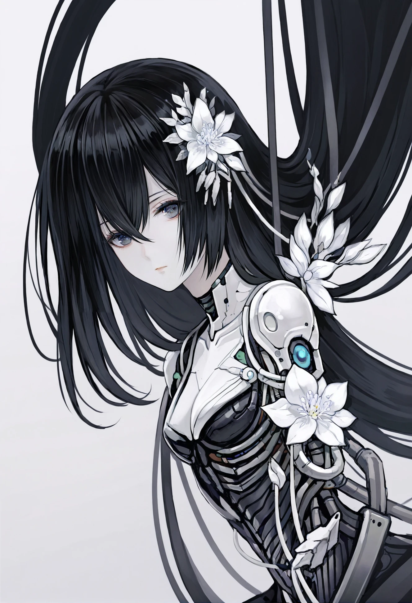 masterpiece, best quality,flower, 1girl, solo, mechanical parts, white flower, long hair, upper body, android, black hair, closed mouth, one eye covered, hair ornament, white background, cable ,
 <lora:å±±é¬¼äºè°£XLlokr4f-000189:0.95>