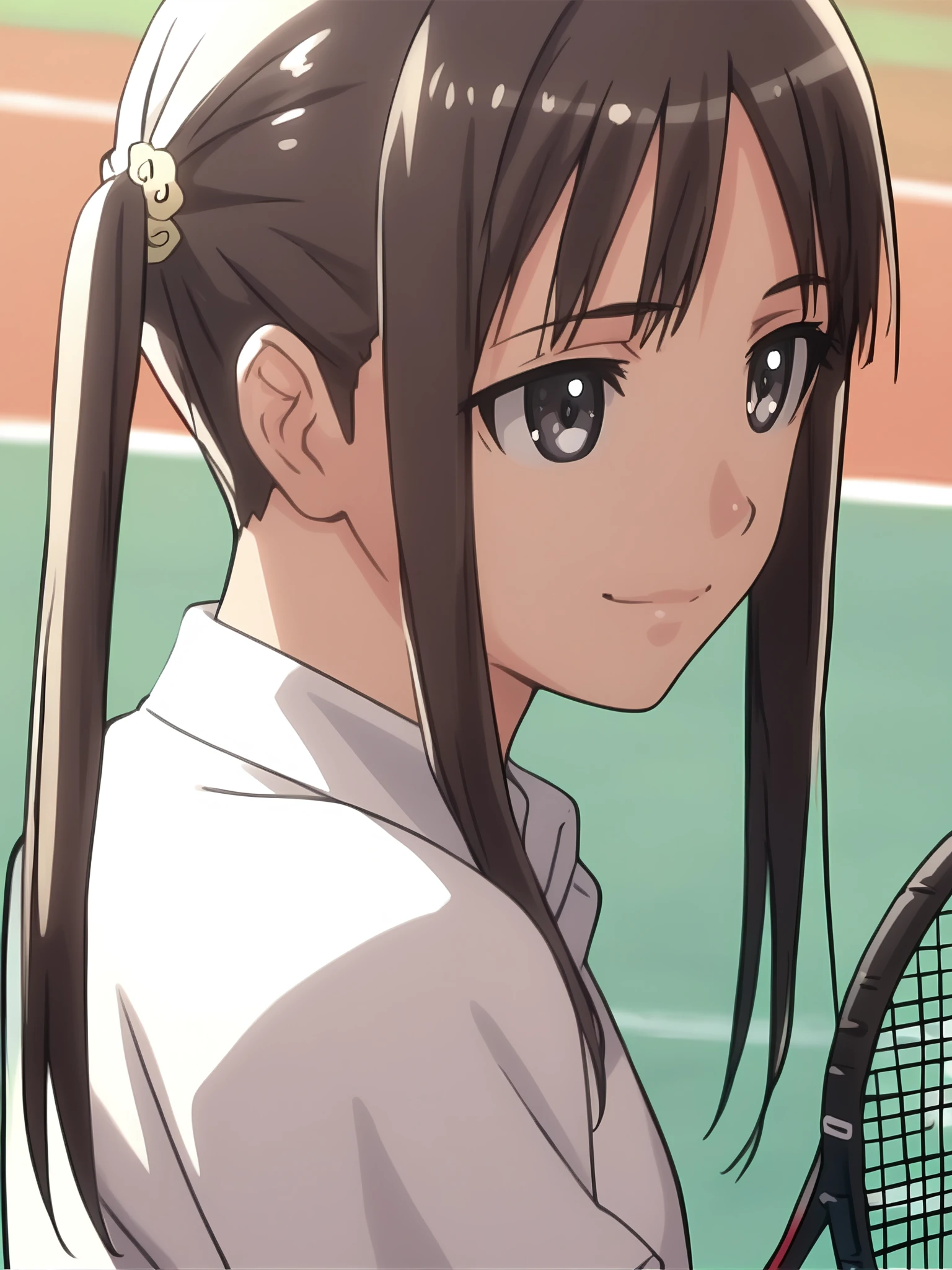 <lora:happy_tentacle-mio-v0.4-000025:0.8>, ht_mio, tennis uniform, polo shirt, tennis court , 1girl, solo, portrait , , emotionless , smile , looking away , from side , score_9, score_8_up, score_7_up, score_6_up, score_5_up, score_4_up