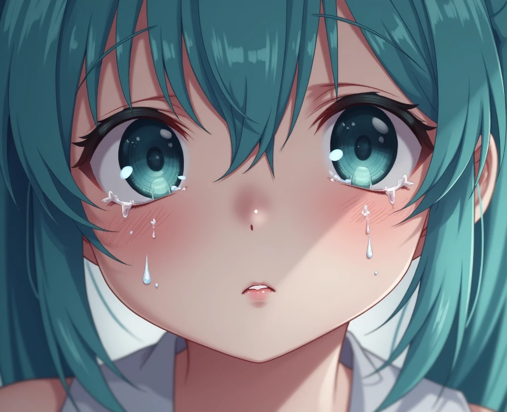 A girl is crying with tears in her eyes. Drawn in cartoon, Hatsune Miku, anime style, unreal, Extremely closeup shot of her eyes,
<lora:crying_with_tears_flux.safetensors:0.5>, 