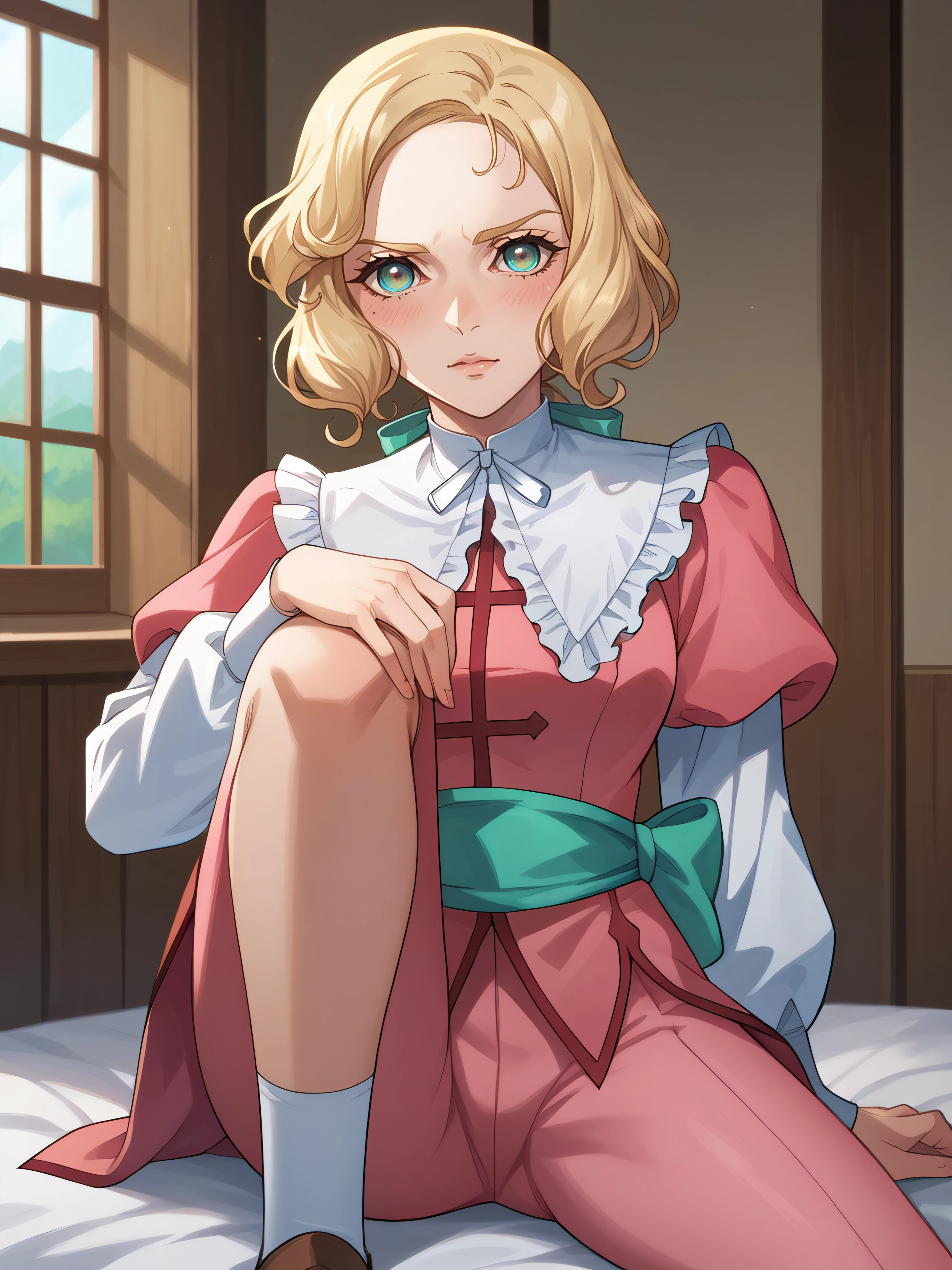 score_9, score_8_up, score_7_up, rating_explicit, source_anime,detailed skins, body blush,cowboy shot,perfect curyv medium breasts, highly detailed, body blush,cowboy shot, looking at viewer, perfect eyes,perfect hands, sidelocks,maria,long blonde hair,aqua ribbon,wavy hair, blue eyes,mariadress,frills, neck ribbon,capelet,puffy long sleeves, pink pants,<lora:Maria_Renard__Castlevania_Nocturne_:1>, dynamic pose, <lora:StS_PonyXL_Detail_Slider_v1.4_iteration_3:3> sitting, knee up, hugging own legs,