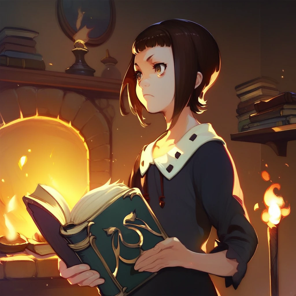 score_9, score_8_up, score_7_up, rita, shingeki no bahamut genesis, 1girl, book, solo, fire, fireplace, brown hair, short hair, holding, holding book, indoors, upper body, dark, torch