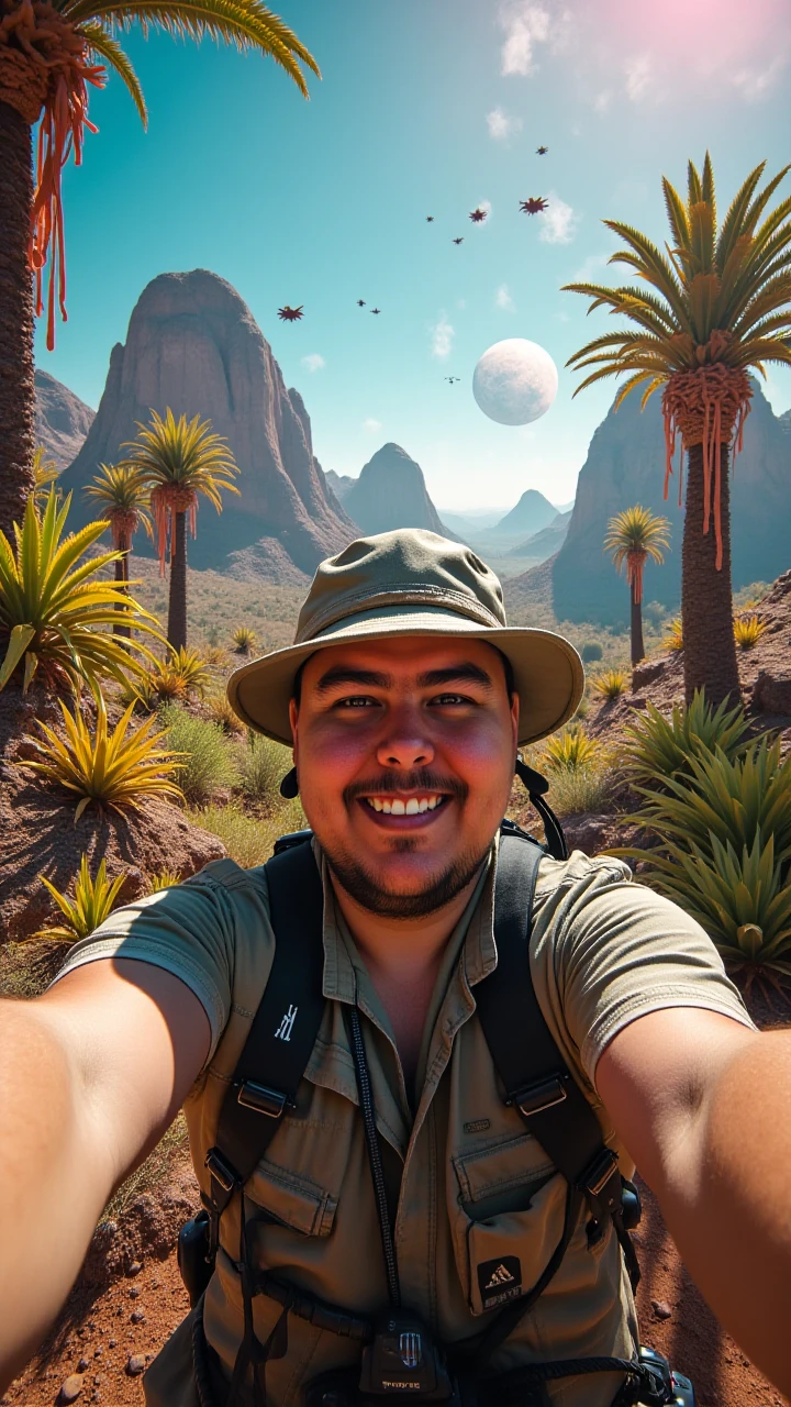 "Create a cinematic scene of a man taking a selfie on an alien planet, surrounded by lush, vibrant vegetation and teeming with alien wildlife. The man, dressed in futuristic safari garb with advanced tech integrated into his gear, is smiling confidently at the camera, holding it at armâs length. Behind him, the landscape is otherworldly, with towering, bioluminescent trees, massive, colorful plants, and exotic, strange-looking creatures peeking into the frame or flying overhead. The sky is an ethereal mix of colors, with multiple moons and distant celestial bodies visible. The composition captures the excitement and wonder of exploring a new world, framed perfectly within the selfie shot." <lora:SalsaFlux:1>