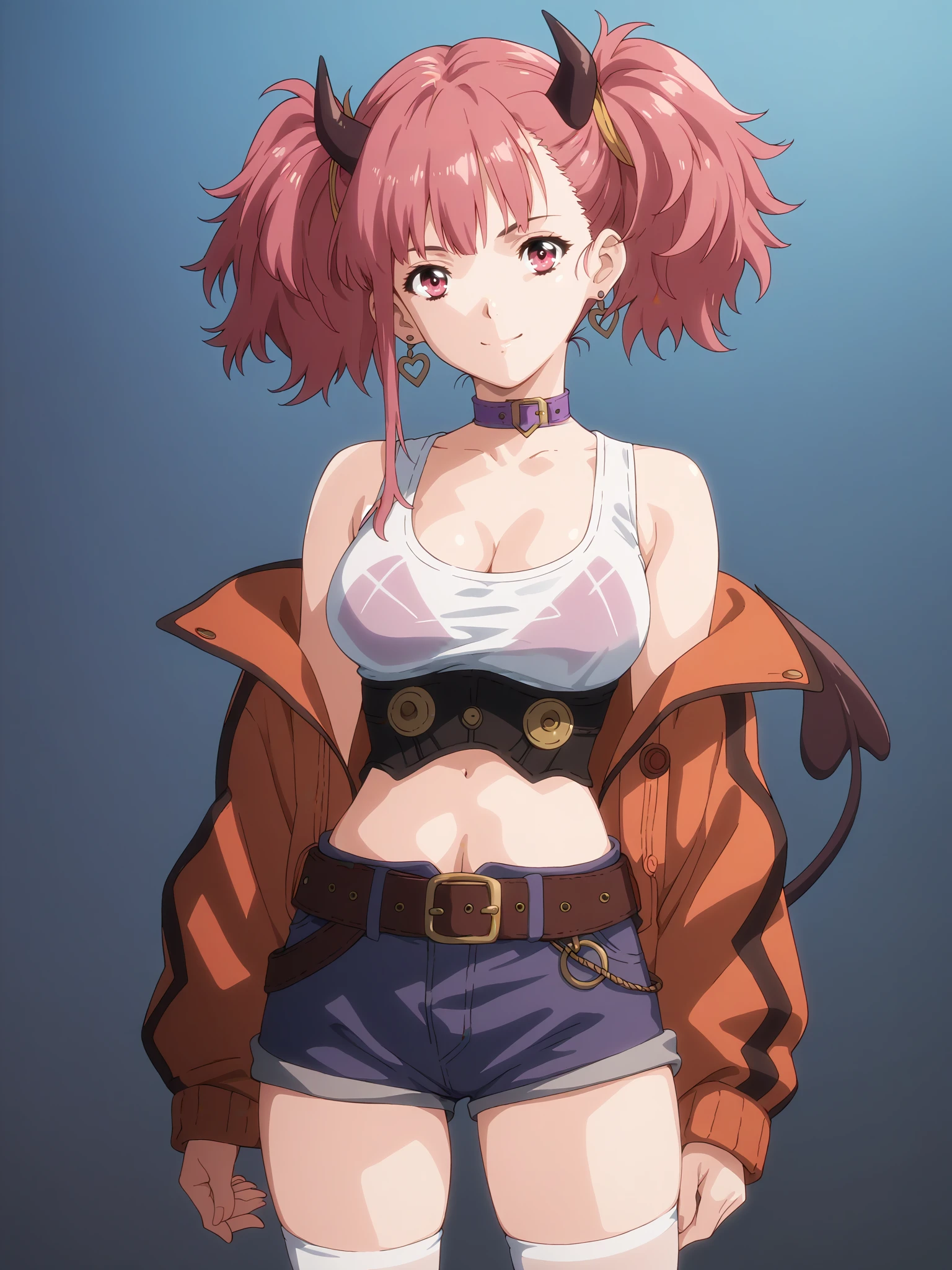 score_9, score_8_up, score_7_up, score_6_up, score_5_up,
1girl, solo, breasts, tail, pink_hair, horns, demon_tail, shorts, jacket, twintails, large_breasts, smile, looking_at_viewer, long_hair, navel, choker, black_background, pink_eyes, short_shorts, belt, demon_girl,  pink_jacket, demon_horns, simple_background, tank_top, open_jacket, cleavage, black_shorts, open_clothes, thighhighs, off_shoulder, bare_shoulders, closed_mouth, head_tilt, hair_between_eyes, cowboy_shot, jewelry, micro_shorts, collarbone, black_choker, white_thighhighs, crop_top, bangs, earrings, clothes_writing, shirt, midriff, standing, see-through, contrapposto, long_sleeves
 <lora:Kabaneri_of_the_Iron_Fortress:1>