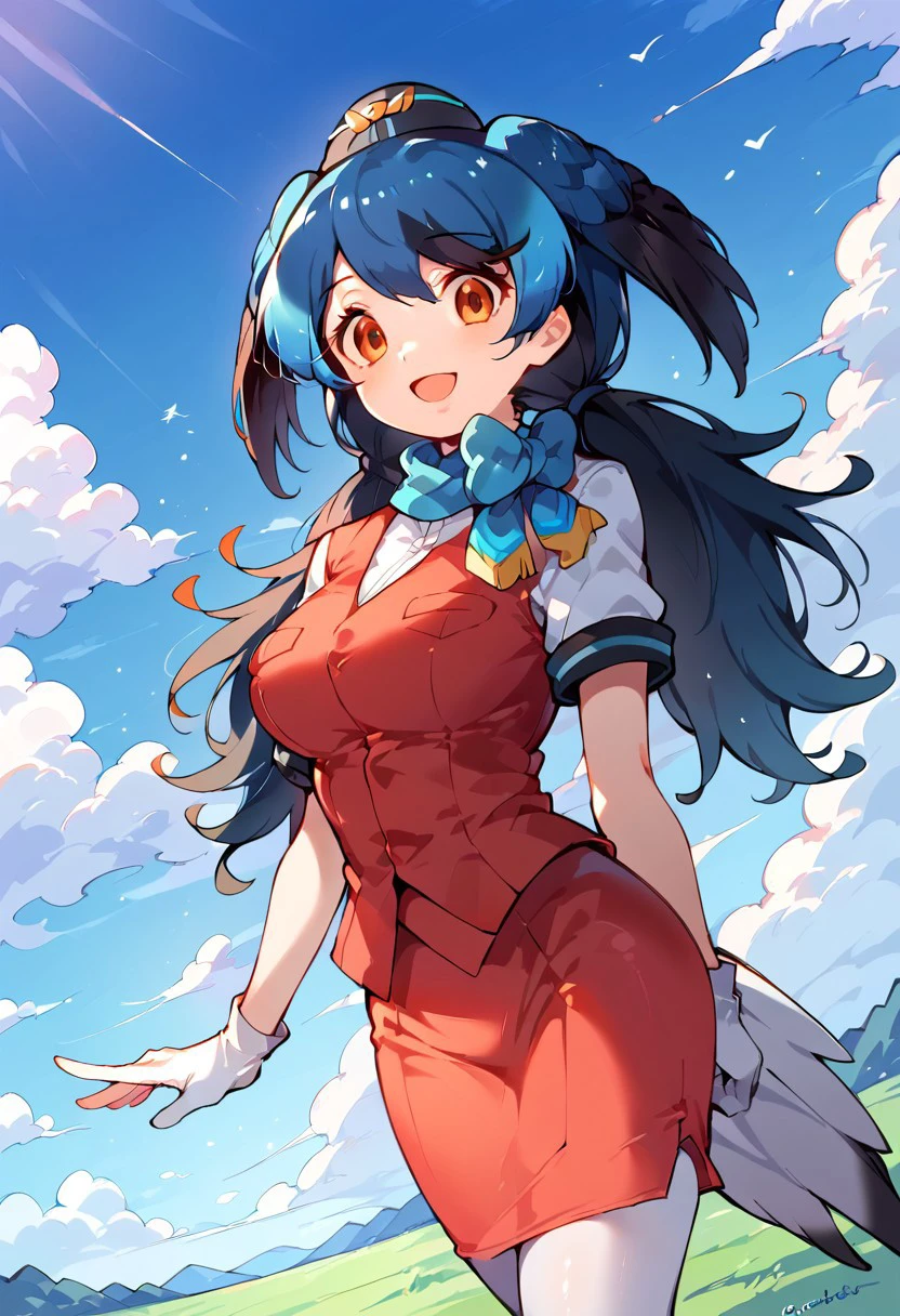 1girl, ((solo)), best quality, ultra-detailed, extremely detailed, perfect anatomy, masterpiece, score_9, score_8_up, score_7_up, Expressiveh, passenger pigeon (kemono friends), multicolored hair, blue hair, black hair, head wings, bird tail, bangs, orange eyes, long hair, twintails, red vest, white shirt, short sleeves, white gloves, red skirt, gradient skirt, hat, garrison cap, gradient legwear, pantyhose, scarf, pencil skirt, blue bowtie, black heels, standing, smiling, happy, staring at viewer, blue skies background, clouds, open mouth smile, dutch angle, closeup,