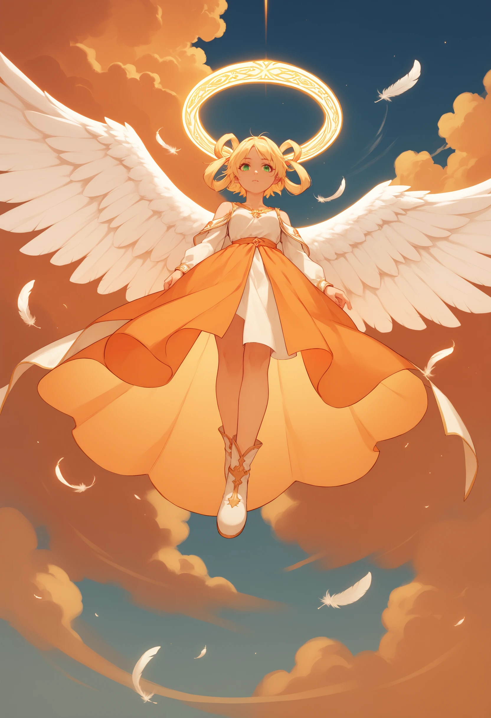 score_9, score_8_up, score_7_up, BREAK 
1girl, from below, (void:1.25),(angelic:1.25), (orange theme:1.1), feathers, pink clouds, cloud, blonde hair, outdoors, wings, white wings, floating, green eyes, solo, sky, orange clouds, hair rings, foreshortening, feathered wings