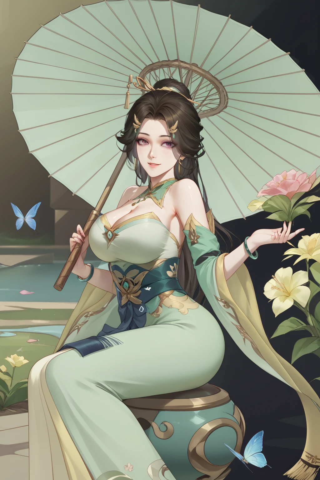 shang guan miao yu, black hair, long hair, hair bun, hair ornament, light purple eyes, cleavage, green bare shoulder dress, detached sleeves, bracelet, sitting on chair, green shoes, holding a green umbrella,
(nsfw), (uncensored), (score_9), score_8_up, score_7_up, source_anime, cowboy shot, dynamic pose, Happy, Smile, Parted Lips, blush, ashamed, shy, sexy, charming, alluring, seductive, enchanting, erotic,
((outdoors)), ((flower garden)), ((flowers)), ((many flowers)), spring petals, petals of flowers, spring, falling petals, flying butterflies<lora:EMS-450992-EMS:1.000000>