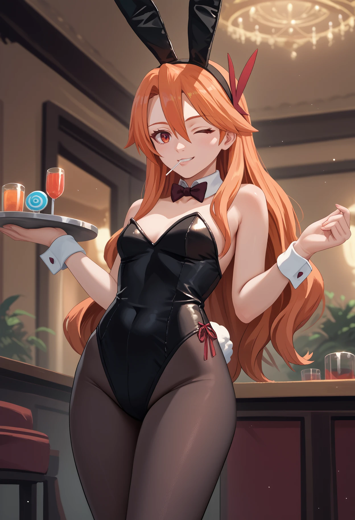 score_9, score_8_up, score_7_up, source_anime, solo, 1girl, agkchelsea, smile, looking at you, standing, holding tray, lollipop, orange hair, one eye closed, playboy bunny, black leotard, strapless leotard, black pantyhose, indoors
<segment:yolo-face_yolov8m.pt,0.4,0.5//cid=1>