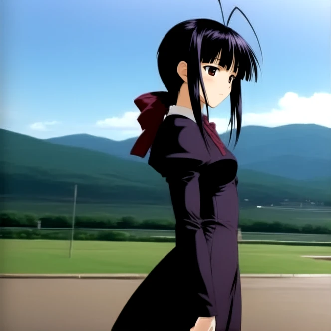 cowboy shot, solo, <lora:kanakoUrashima:0.9> kanako_urashima, black hair, brown eyes, dress, long sleeves, bangs, sidelocks, hair antenna, ponytail, outdoors, standing, from side, side profile, best quality, ultra high res