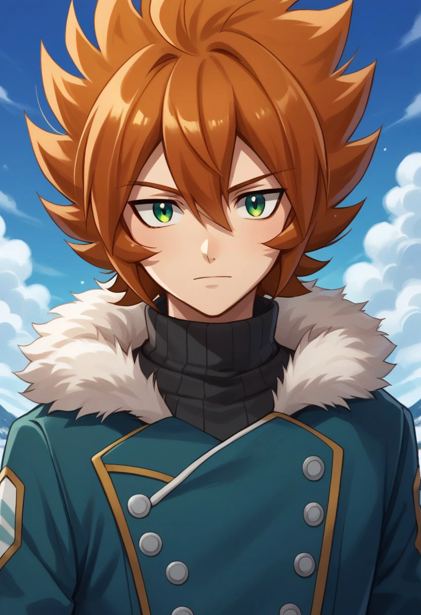 score_9, score_8_up, score_7_up, source_anime, highly detailed, 
shiren, 1boy, male focus, solo, orange hair, green eyes, cloud, sky, day, upper body,
blue sky, fur trim,