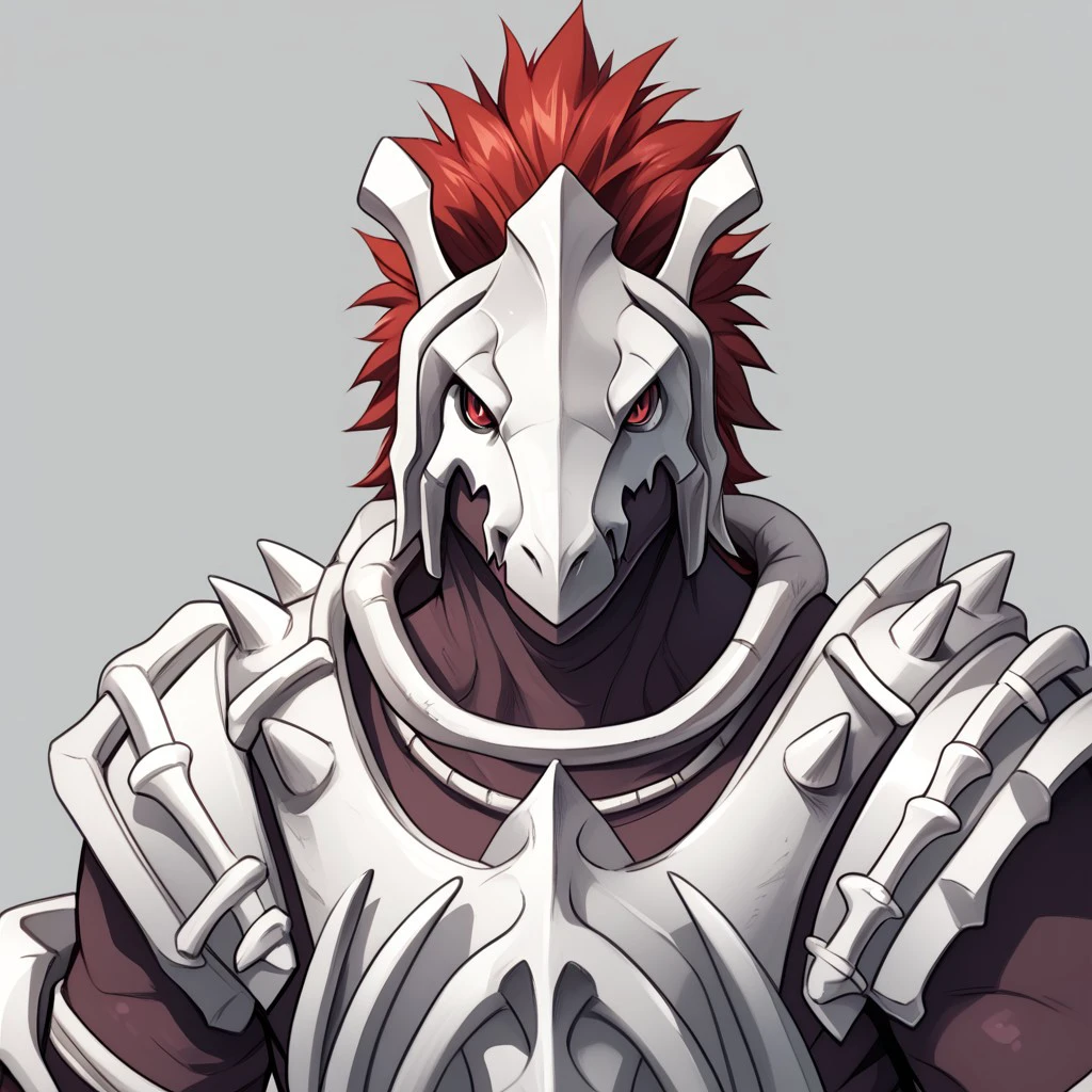 kyuku zuzu, ephemera scales, ephemera body, red eyes, red hair, white dragon bone armor, lizardman, anthro, lizard, reptile, scalie, solo, 1boy, armor, simple background, grey background, portrait, looking at viewer, masterpiece, high quality, ultra detailed, score_9, score_8_up, score_7_up, score_6_up