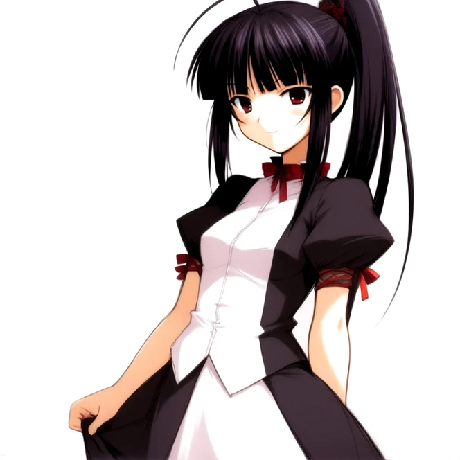 cowboy shot, solo, <lora:kanakoUrashima:0.9>, kanako_urashima, black hair, brown eyes, black dress, white shirt, short sleeves, puffy sleeves, bangs, sidelocks, hair antenna, ponytail, small bust, skinny, smile, best quality, ultra high res