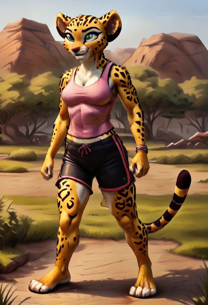 (((Barefoot furry character, full body, cinematic setting, furry male, plantigrade))) 
(((Fuli))), cheetah girl, (((wearing pink tanktop and shorts))), wearing sports sandals, wearing bracelets and anklets, stands in a bustling city, (((mark of the lion guard on her left shoulder)))
BREAK, intricate details, highly detailed, extreme detail, octane render, fine art, best quality, highres, (detailed face:1.5), ((full_body)), UHD, (((perfect hands))), low light