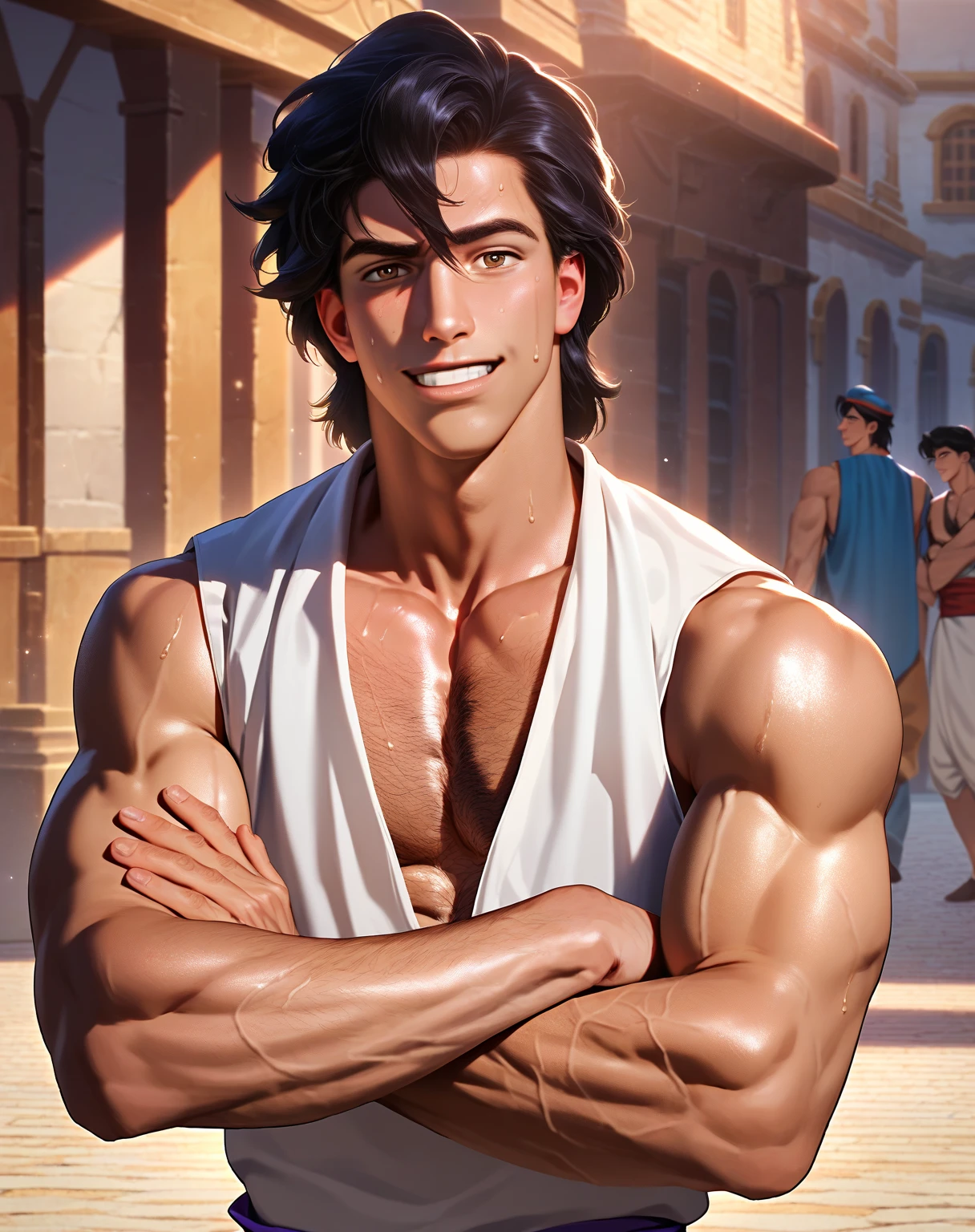 score_9, score_8_up, score_7_up, score_6_up, aladdin, tank top, street, hairy chest, ultra realistic, crossed arms, hairy arms, front view, sweat 
best quality, best aesthetic, sfw, year 2023, high details, realistic<lora:EMS-461843-EMS:0.700000>